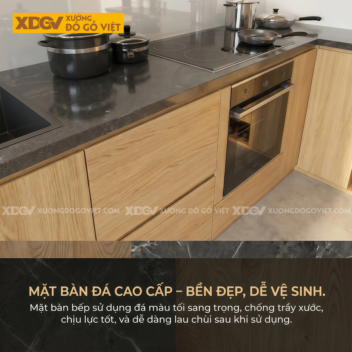 Tủ Bếp Gỗ Veneer Sồi Dáng Chữ L Phối Tủ Lưu Trữ Tay Nắm Âm