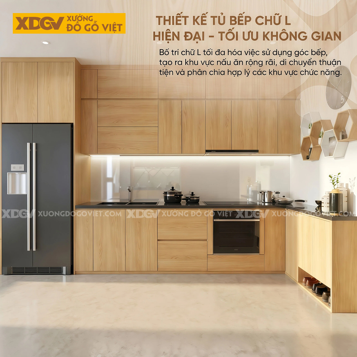 Tủ Bếp Gỗ Veneer Sồi Dáng Chữ L Phối Tủ Lưu Trữ Tay Nắm Âm