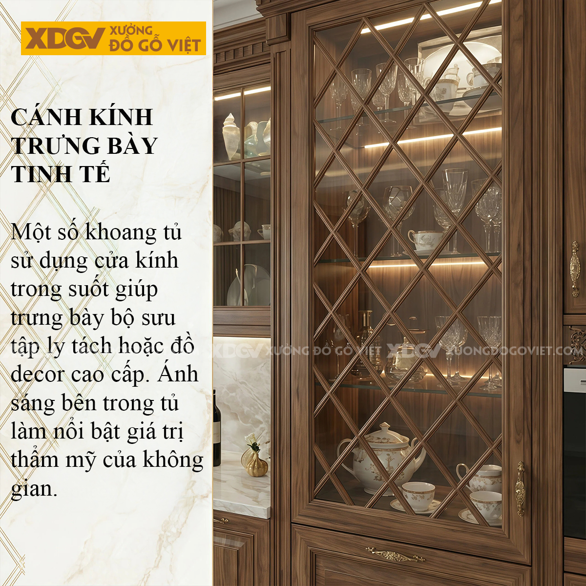 Tủ Bếp Góc L Gỗ Óc Chó Kết Hợp Tủ Kính Phong Cách Bắc Âu