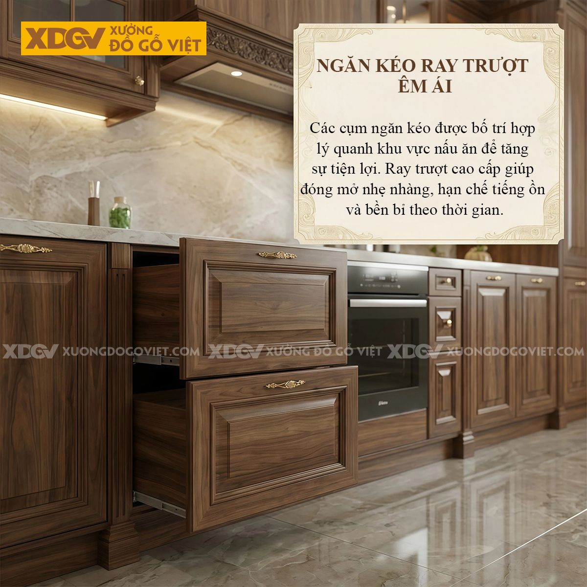 Tủ Bếp Góc L Gỗ Óc Chó Kết Hợp Tủ Kính Phong Cách Bắc Âu