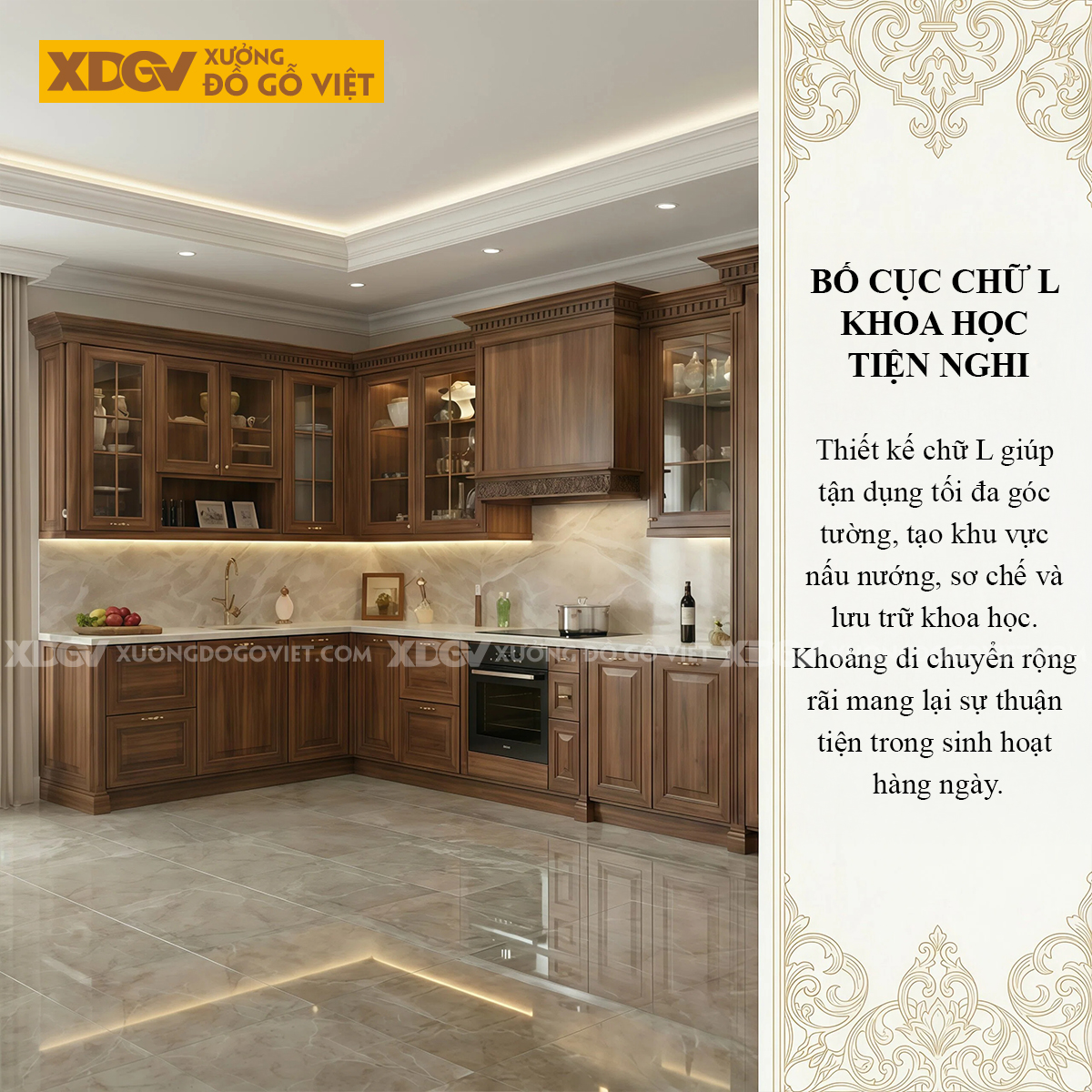 Tủ Bếp Góc L Gỗ Óc Chó Kết Hợp Tủ Kính Phong Cách Bắc Âu