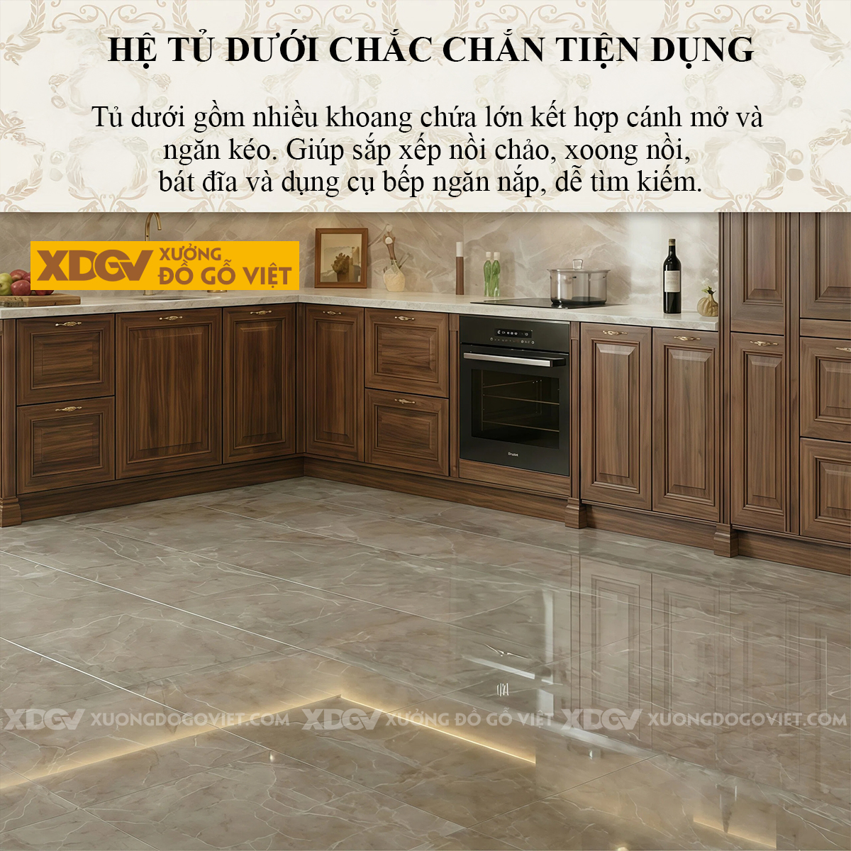 Tủ Bếp Góc L Gỗ Óc Chó Kết Hợp Tủ Kính Phong Cách Bắc Âu