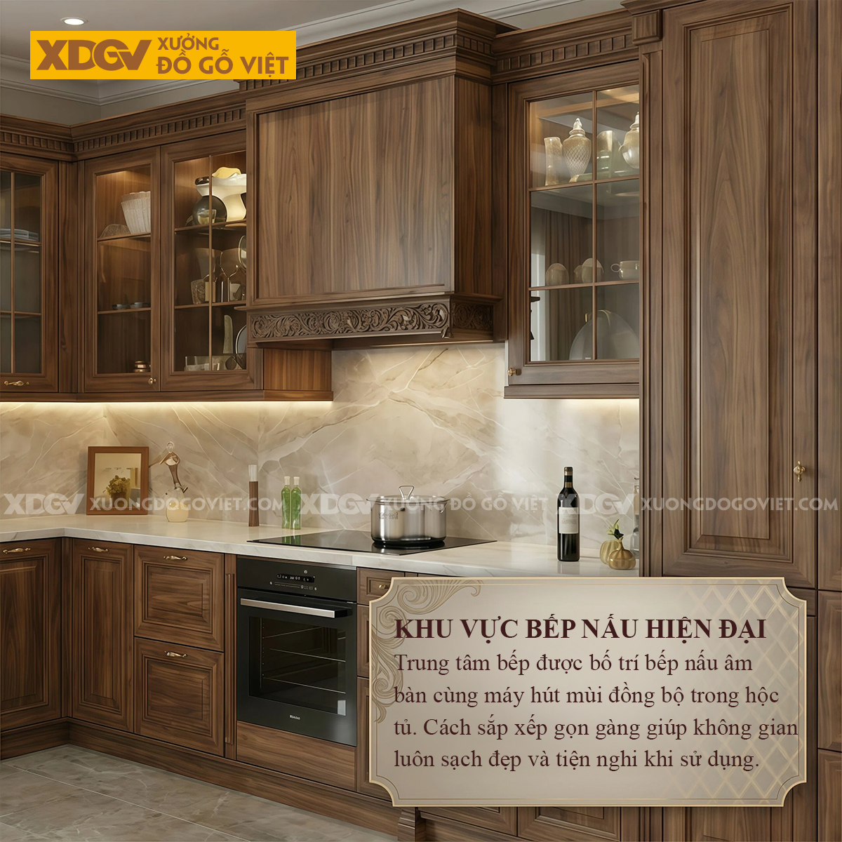 Tủ Bếp Góc L Gỗ Óc Chó Kết Hợp Tủ Kính Phong Cách Bắc Âu