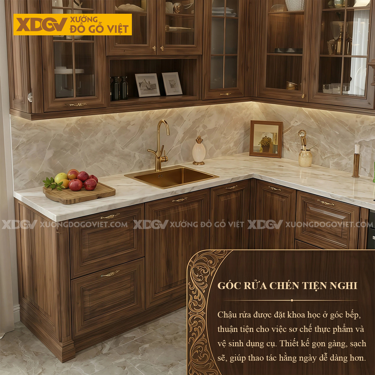 Tủ Bếp Góc L Gỗ Óc Chó Kết Hợp Tủ Kính Phong Cách Bắc Âu