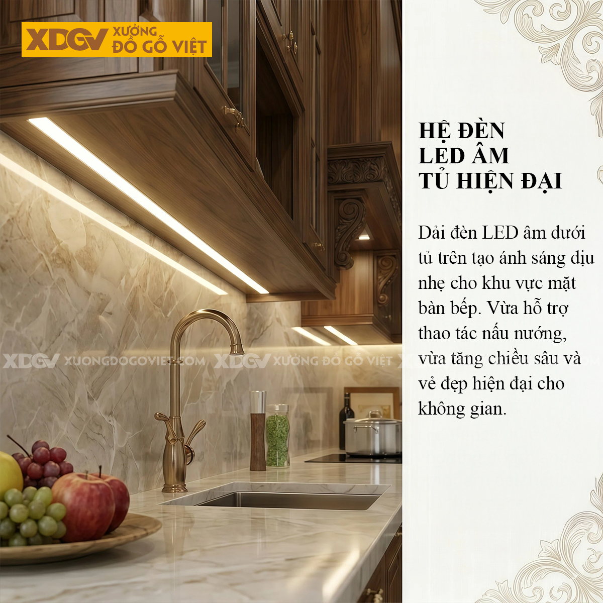 Tủ Bếp Góc L Gỗ Óc Chó Kết Hợp Tủ Kính Phong Cách Bắc Âu