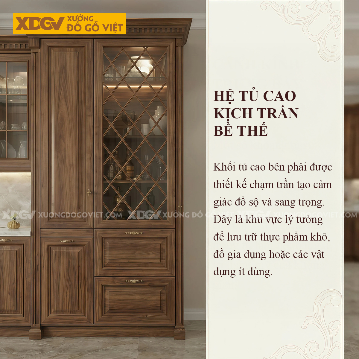 Tủ Bếp Góc L Gỗ Óc Chó Kết Hợp Tủ Kính Phong Cách Bắc Âu