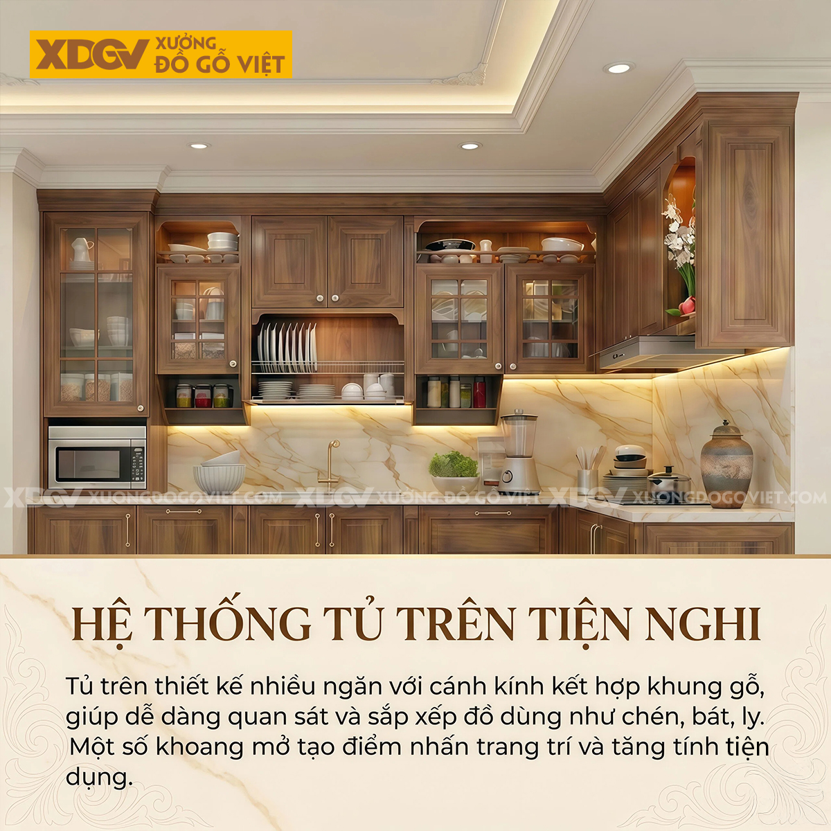 Tủ Bếp Góc L Gỗ Óc Chó Mặt Ốp Đá Nhiều Ngăn Đựng Tiện Lợi