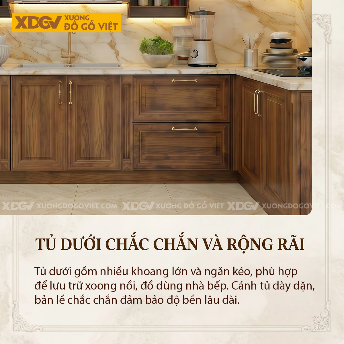 Tủ Bếp Góc L Gỗ Óc Chó Mặt Ốp Đá Nhiều Ngăn Đựng Tiện Lợi