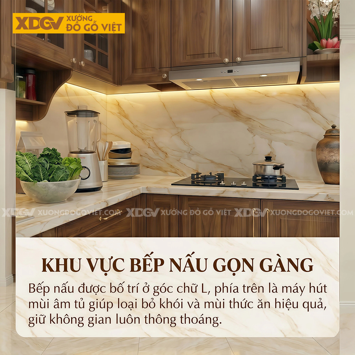 Tủ Bếp Góc L Gỗ Óc Chó Mặt Ốp Đá Nhiều Ngăn Đựng Tiện Lợi