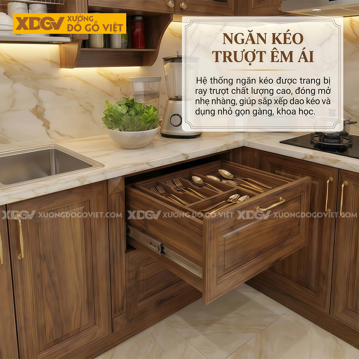 Tủ Bếp Góc L Gỗ Óc Chó Mặt Ốp Đá Nhiều Ngăn Đựng Tiện Lợi