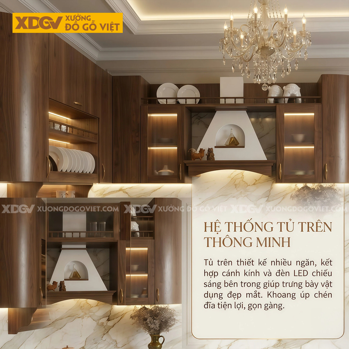 Tủ Bếp Kiểu Góc L Gỗ Veneer Óc Chó Bo Tròn Góc Mềm Mại Sang Trọng