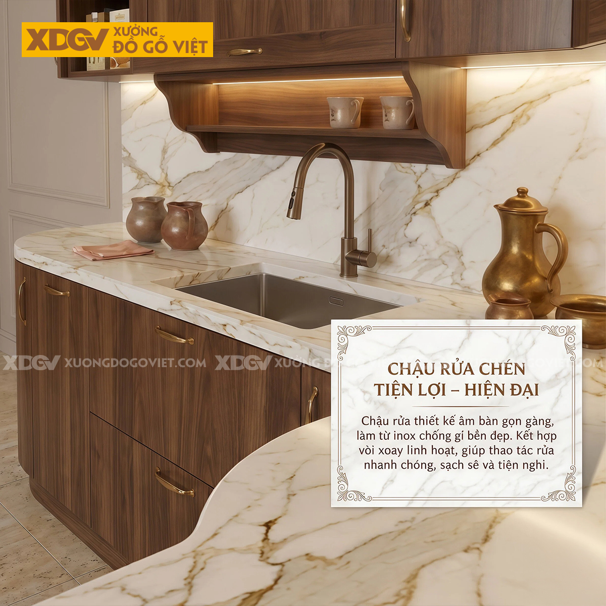 Tủ Bếp Kiểu Góc L Gỗ Veneer Óc Chó Bo Tròn Góc Mềm Mại Sang Trọng