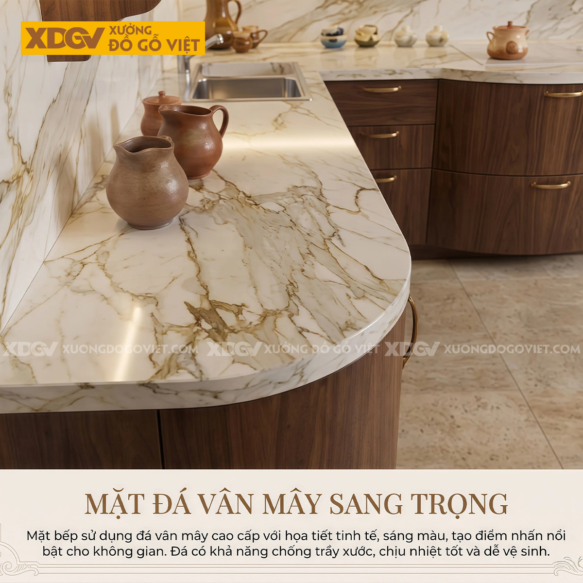 Tủ Bếp Kiểu Góc L Gỗ Veneer Óc Chó Bo Tròn Góc Mềm Mại Sang Trọng