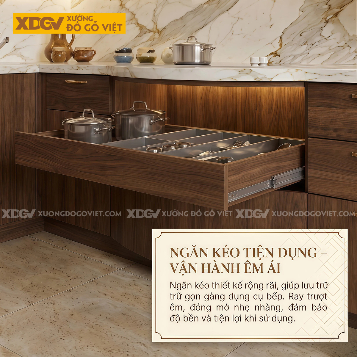 Tủ Bếp Kiểu Góc L Gỗ Veneer Óc Chó Bo Tròn Góc Mềm Mại Sang Trọng