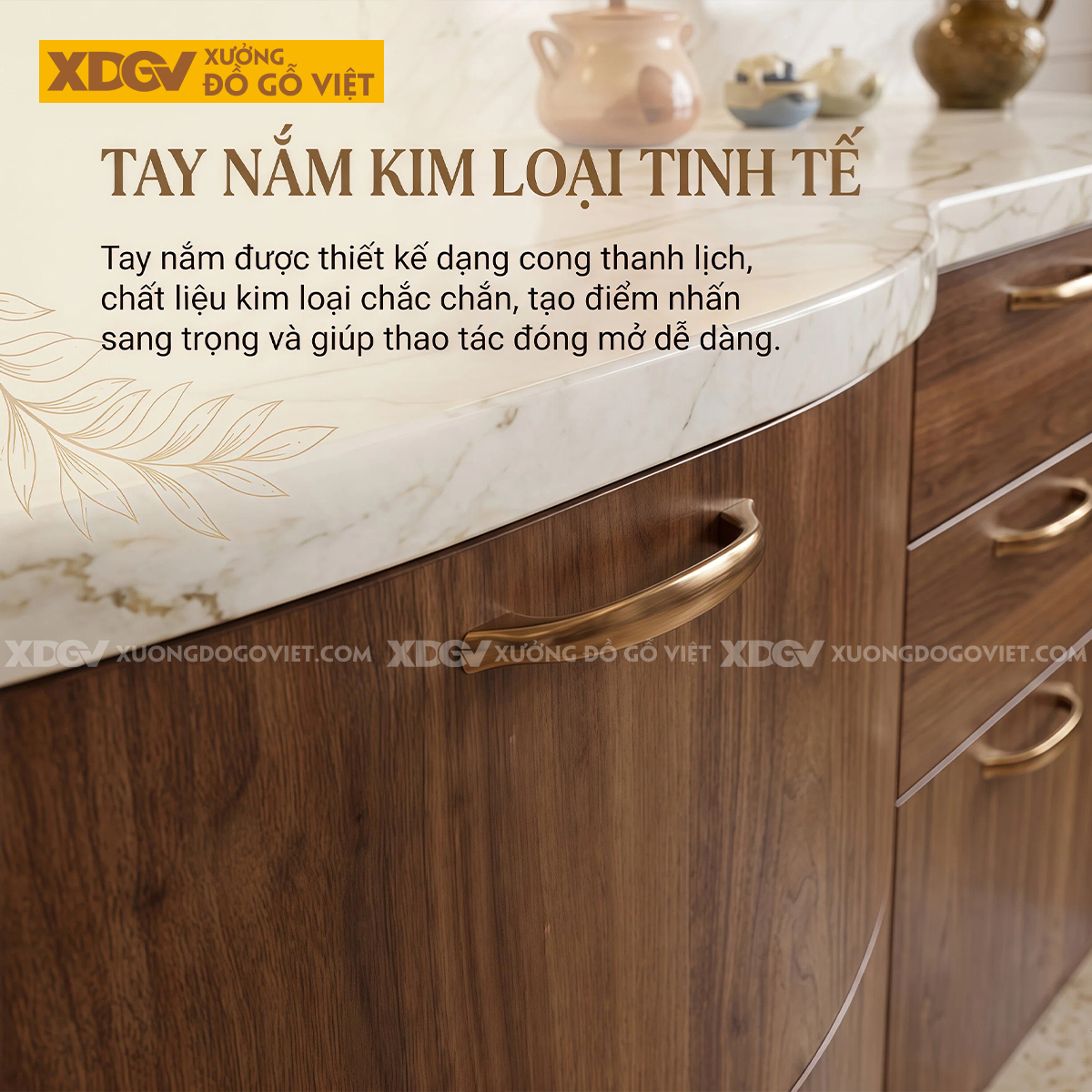 Tủ Bếp Kiểu Góc L Gỗ Veneer Óc Chó Bo Tròn Góc Mềm Mại Sang Trọng