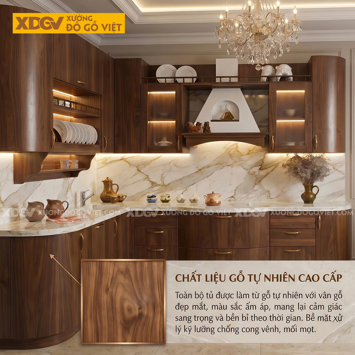 Tủ Bếp Kiểu Góc L Gỗ Veneer Óc Chó Bo Tròn Góc Mềm Mại Sang Trọng