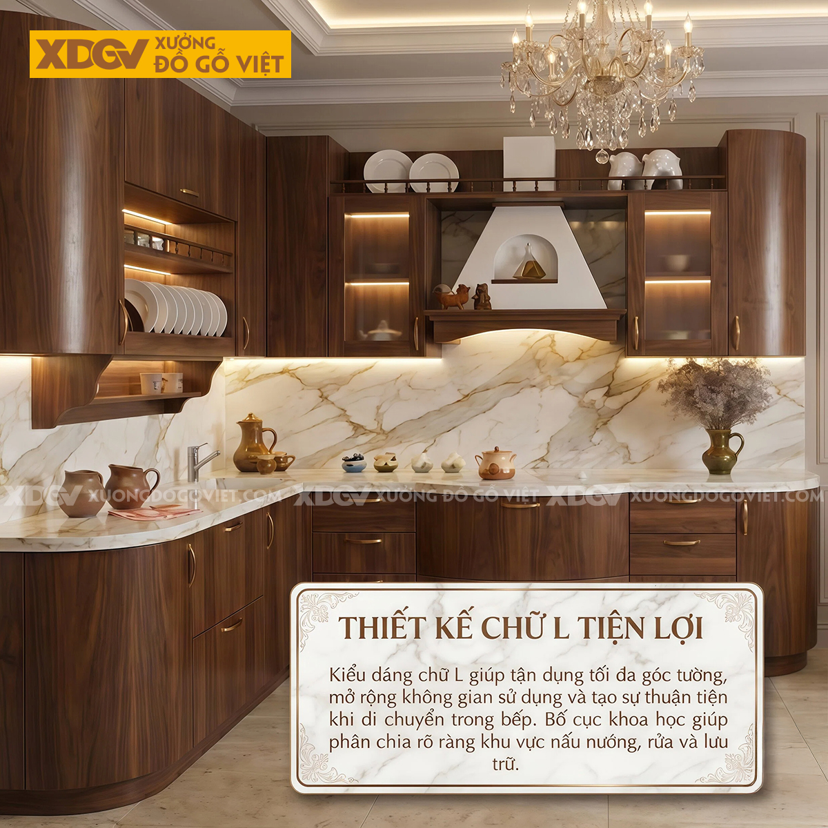 Tủ Bếp Kiểu Góc L Gỗ Veneer Óc Chó Bo Tròn Góc Mềm Mại Sang Trọng
