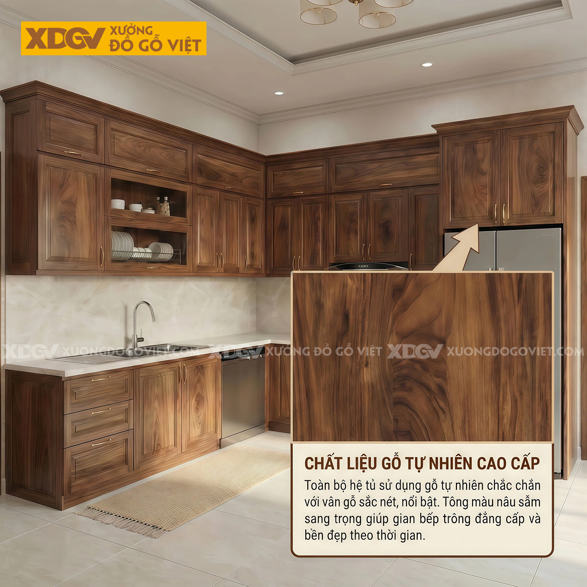 Tủ Bếp Óc Chó Thịt Góc L Kết Hợp Máy Rửa Chén Âm Tiện Lợi