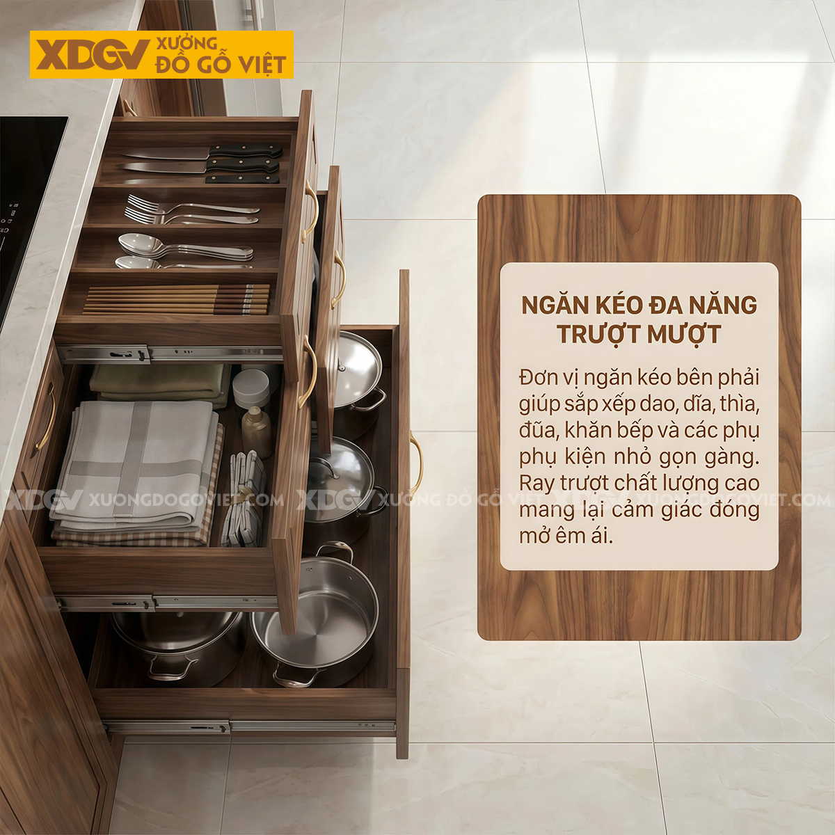 Tủ Bếp Óc Chó Thịt Góc L Kết Hợp Máy Rửa Chén Âm Tiện Lợi
