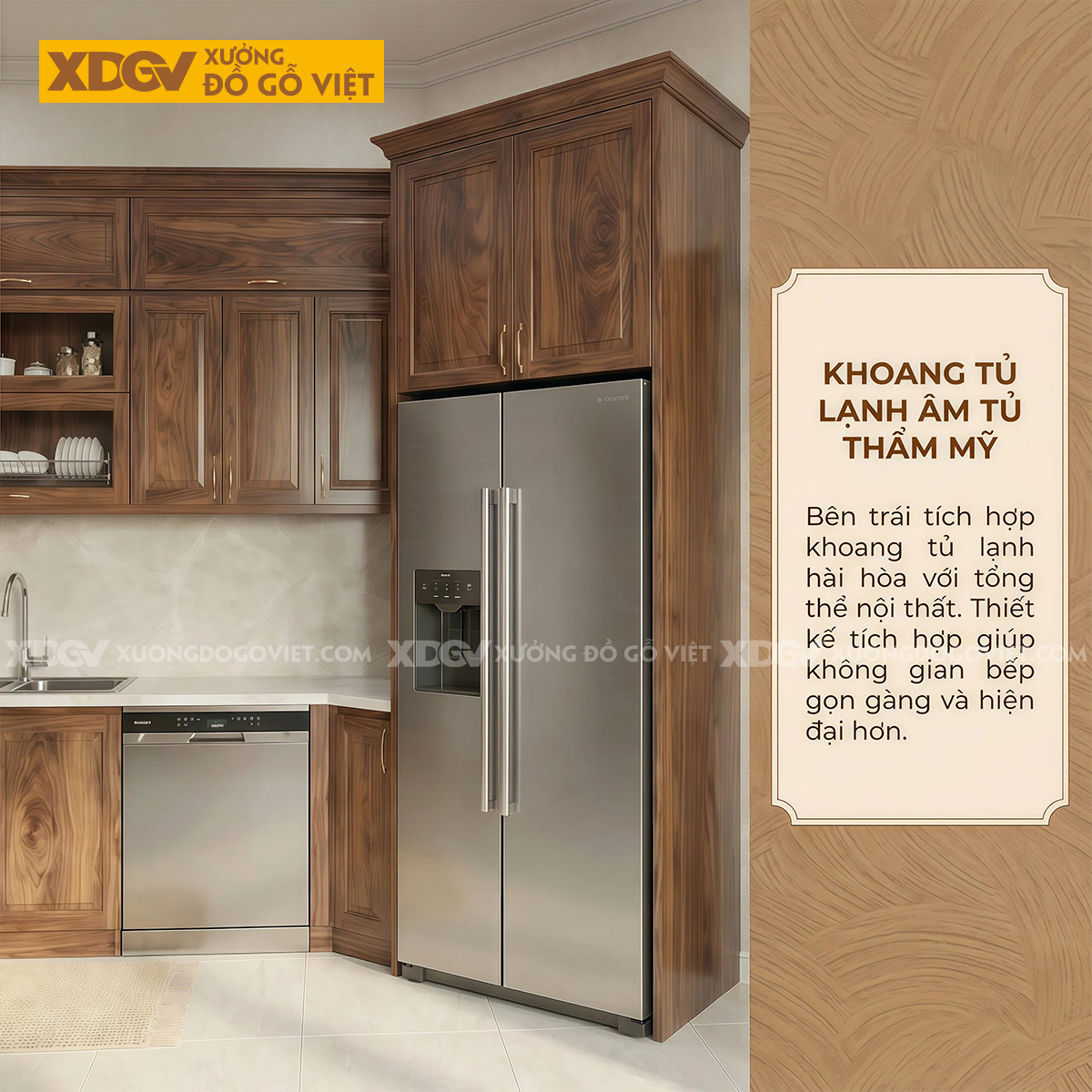 Tủ Bếp Óc Chó Thịt Góc L Kết Hợp Máy Rửa Chén Âm Tiện Lợi