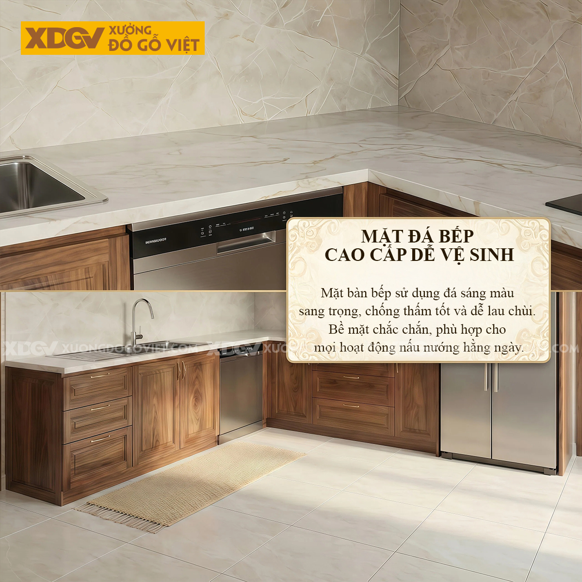 Tủ Bếp Óc Chó Thịt Góc L Kết Hợp Máy Rửa Chén Âm Tiện Lợi