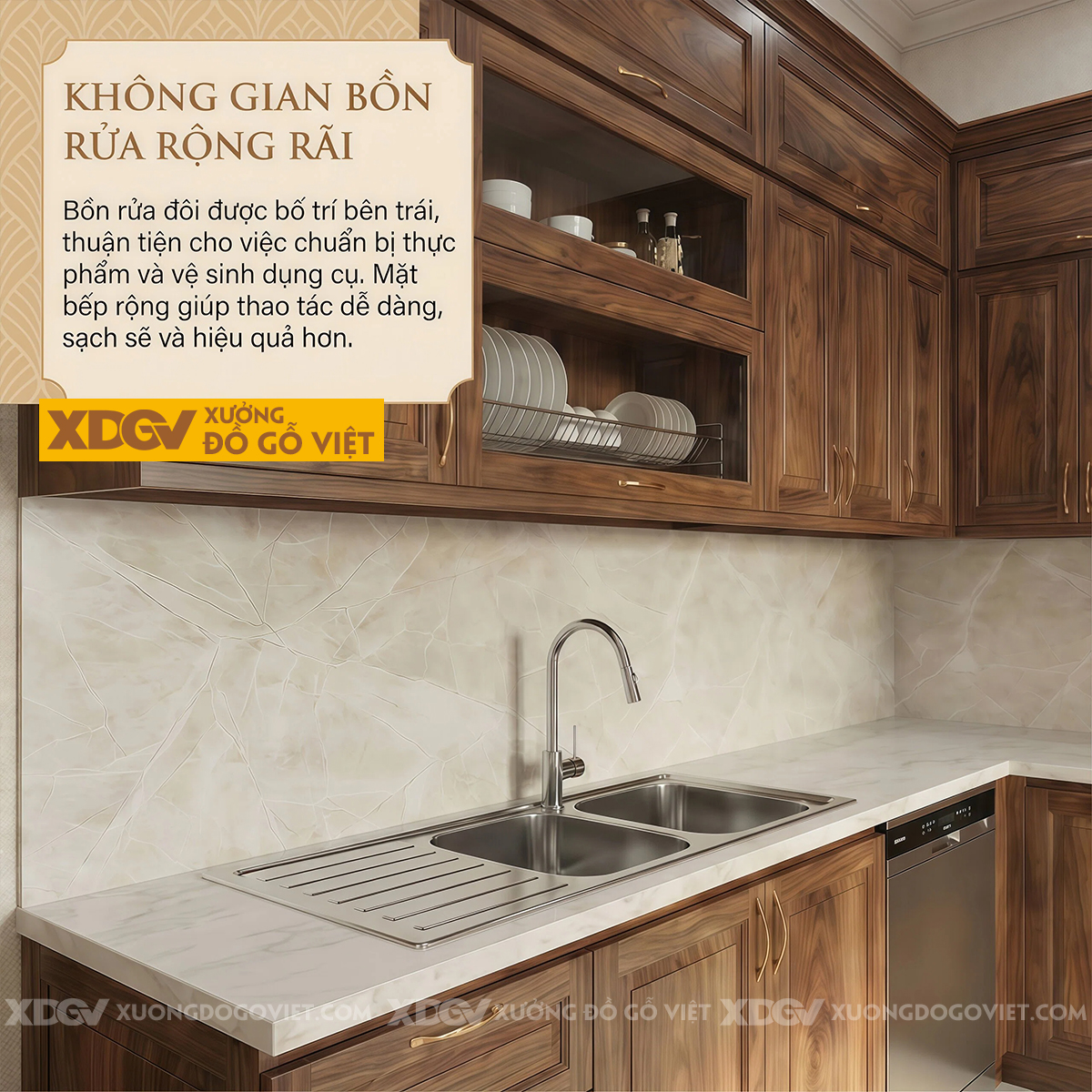 Tủ Bếp Óc Chó Thịt Góc L Kết Hợp Máy Rửa Chén Âm Tiện Lợi