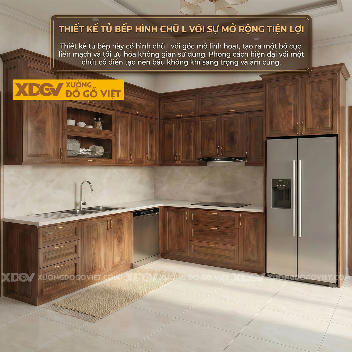 Tủ Bếp Óc Chó Thịt Góc L Kết Hợp Máy Rửa Chén Âm Tiện Lợi