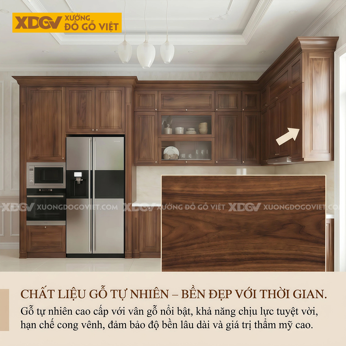 Tủ Bếp Óc Chó Tự Nhiên Góc L Tích Hợp Lò Nướng, Lò Vi Sóng