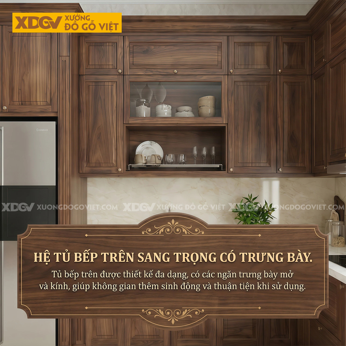 Tủ Bếp Óc Chó Tự Nhiên Góc L Tích Hợp Lò Nướng, Lò Vi Sóng