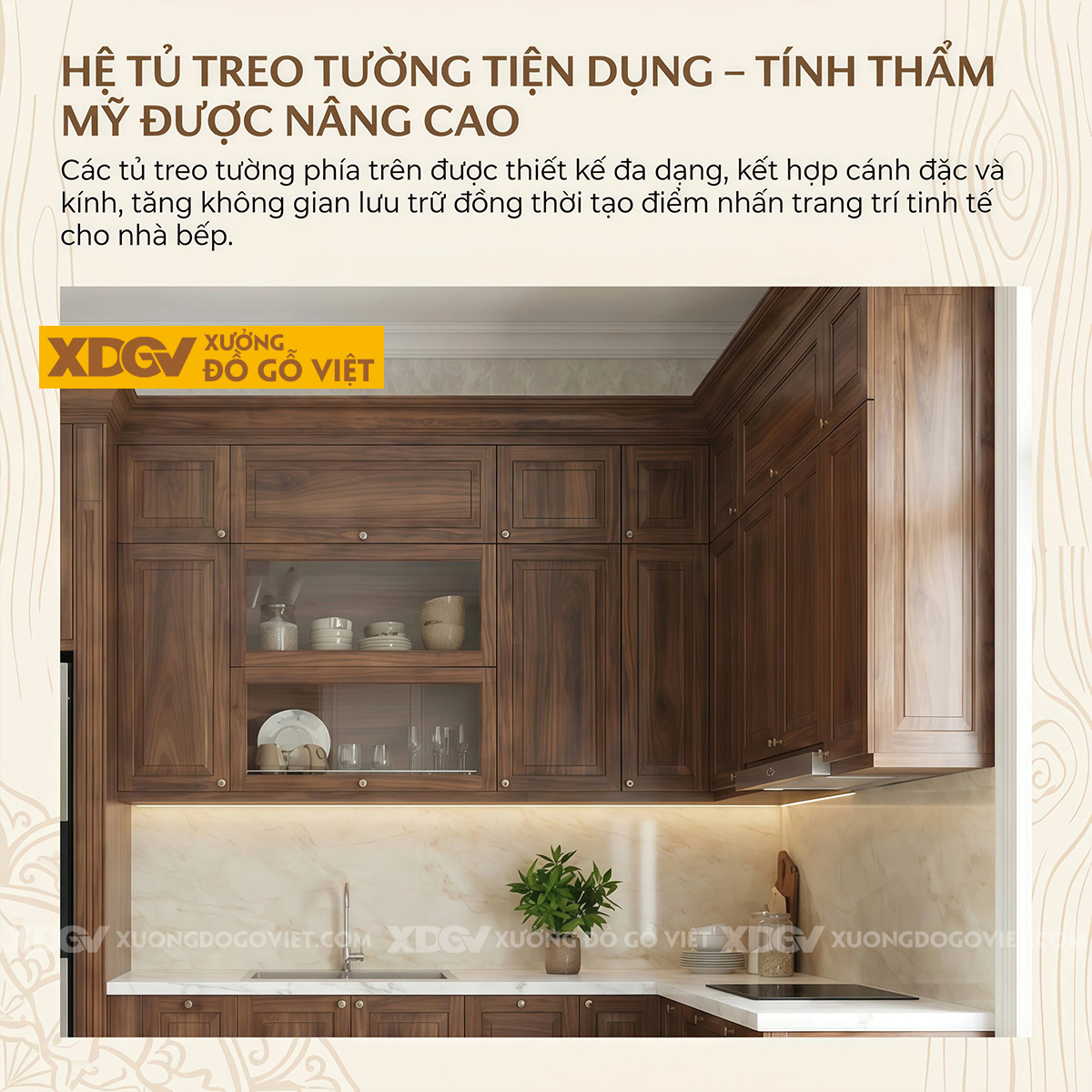 Tủ Bếp Óc Chó Tự Nhiên Góc L Tích Hợp Lò Nướng, Lò Vi Sóng
