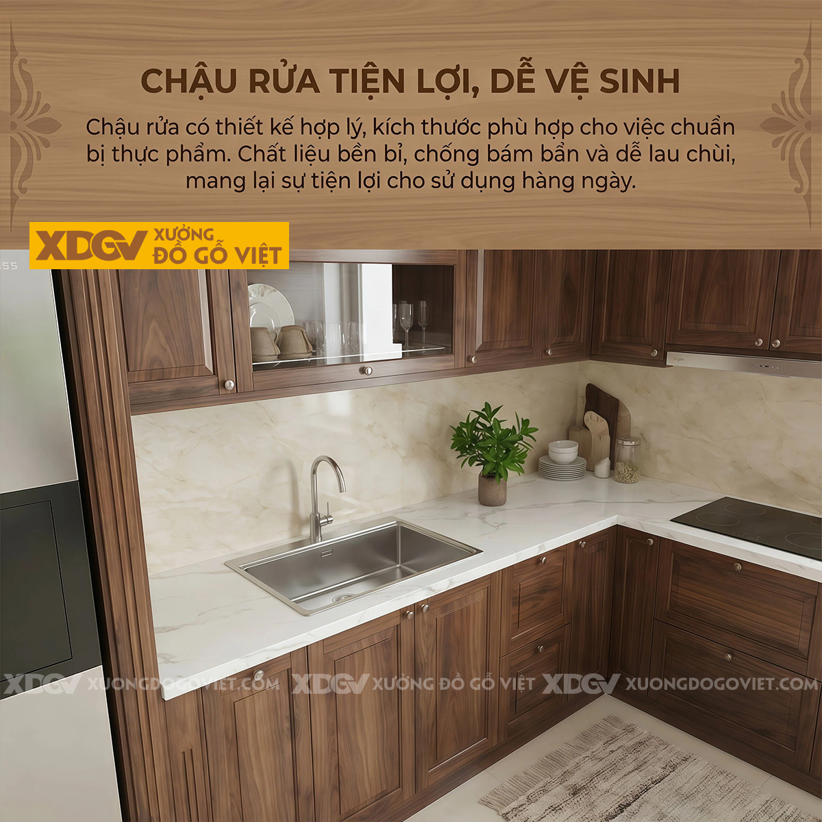 Tủ Bếp Óc Chó Tự Nhiên Góc L Tích Hợp Lò Nướng, Lò Vi Sóng