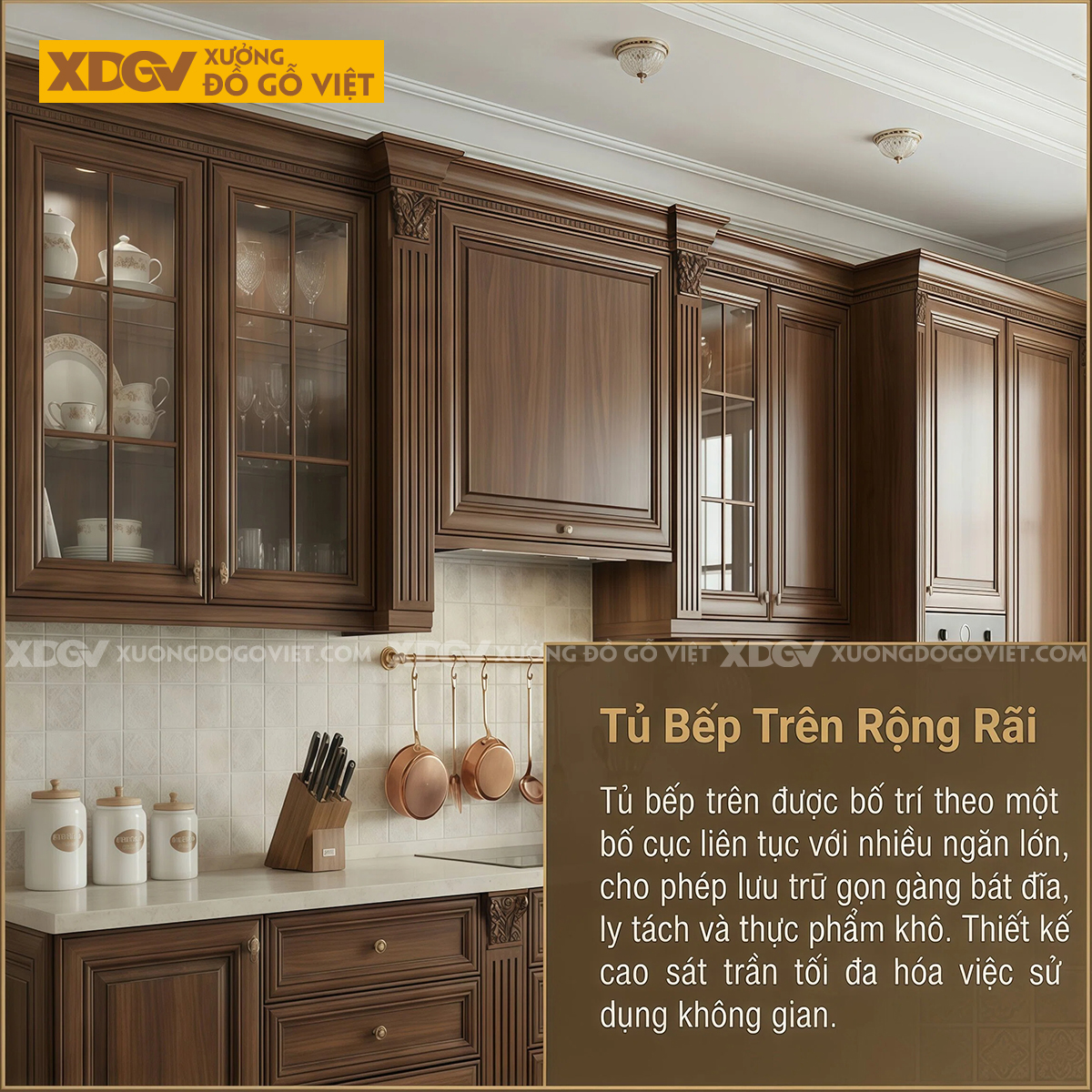 Tủ Bếp Phẳng Gỗ Óc Chó Vân Đẹp Nhiều Ngăn Kéo Hộc Chứa Đồ