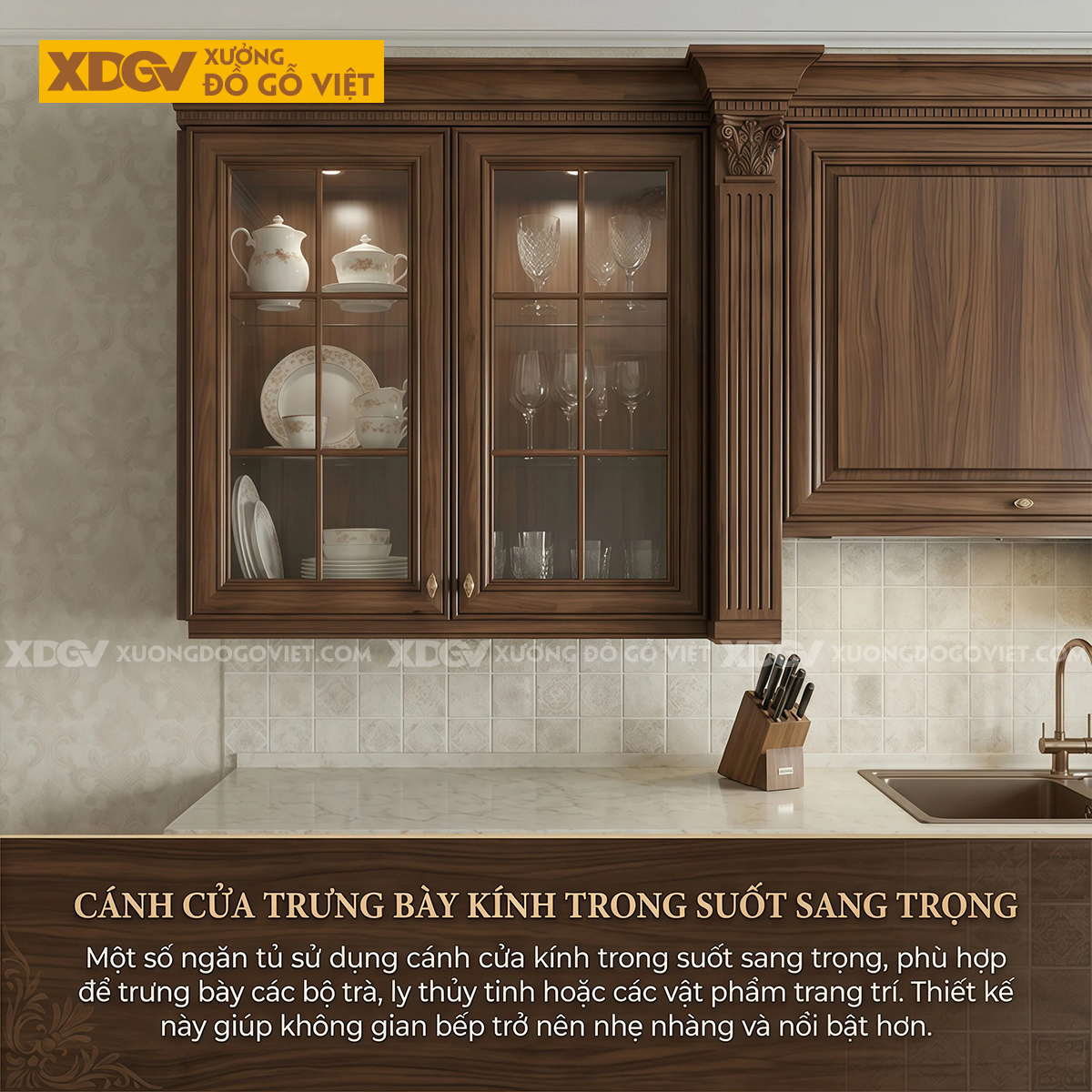 Tủ Bếp Phẳng Gỗ Óc Chó Vân Đẹp Nhiều Ngăn Kéo Hộc Chứa Đồ