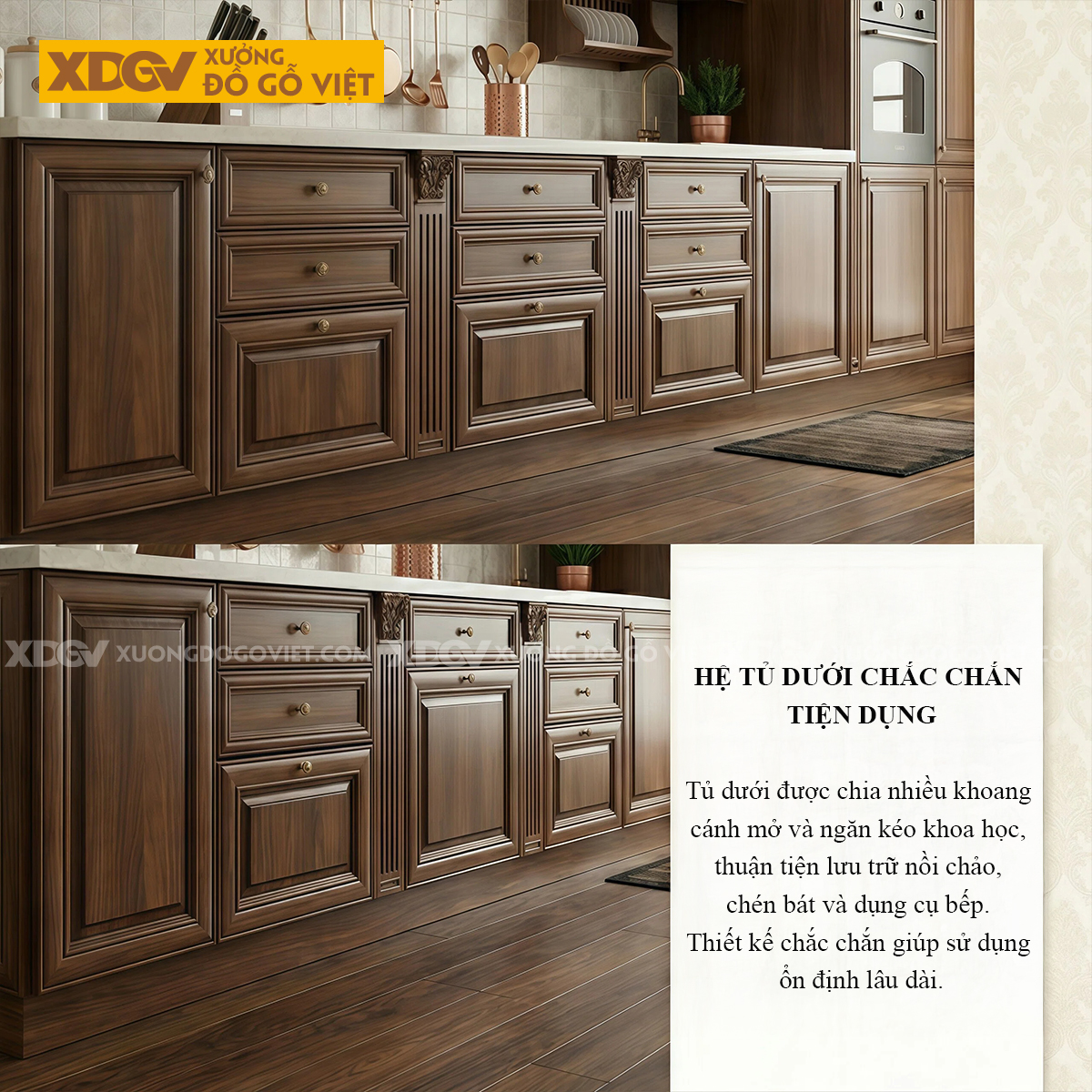 Tủ Bếp Phẳng Gỗ Óc Chó Vân Đẹp Nhiều Ngăn Kéo Hộc Chứa Đồ