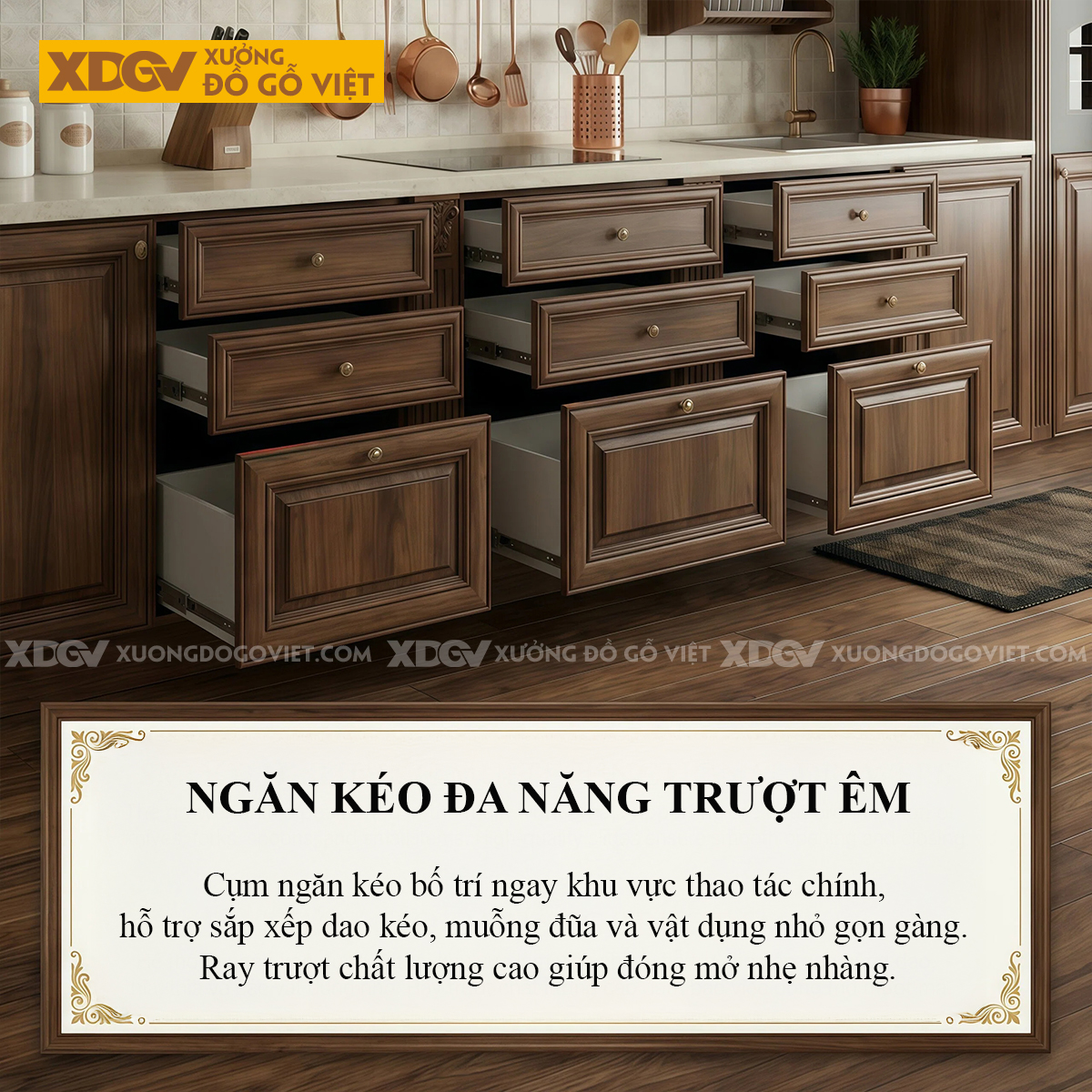Tủ Bếp Phẳng Gỗ Óc Chó Vân Đẹp Nhiều Ngăn Kéo Hộc Chứa Đồ