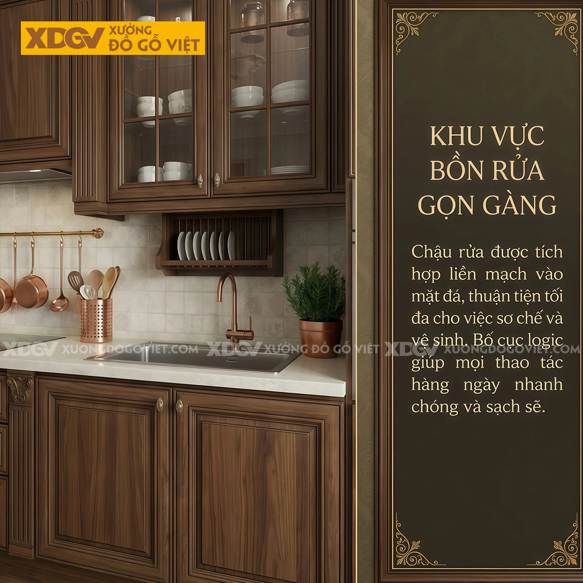 Tủ Bếp Phẳng Gỗ Óc Chó Vân Đẹp Nhiều Ngăn Kéo Hộc Chứa Đồ