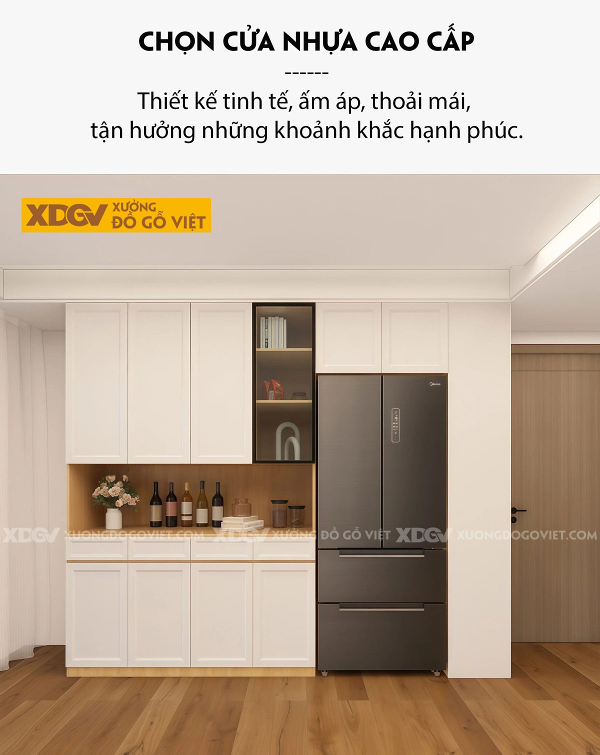 Tủ Chén Bát Gỗ Cao Su Phong Cách Bắc Âu Phối Tủ Kính 2 Bên