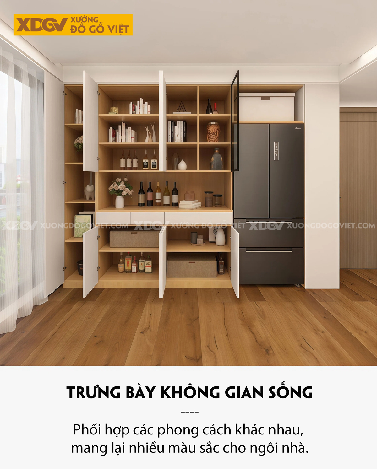 Tủ Chén Bát Gỗ Cao Su Phong Cách Bắc Âu Phối Tủ Kính 2 Bên