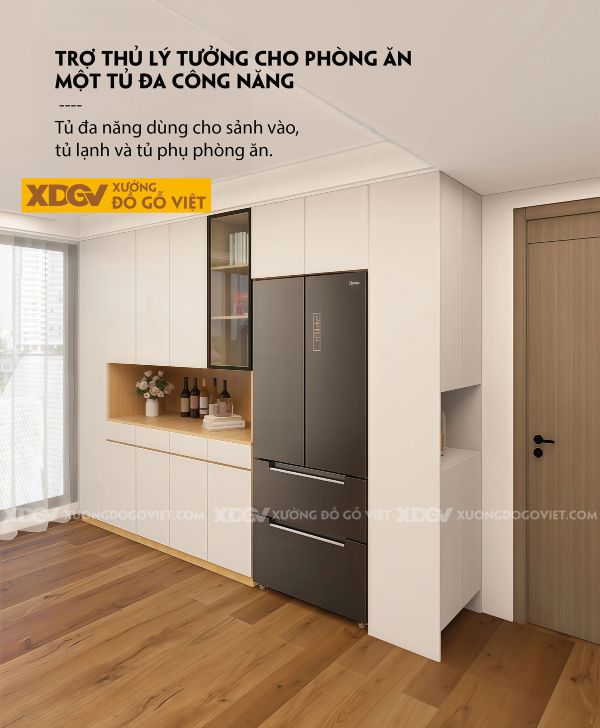 Tủ Chén Bát Gỗ Cao Su Phong Cách Bắc Âu Phối Tủ Kính 2 Bên