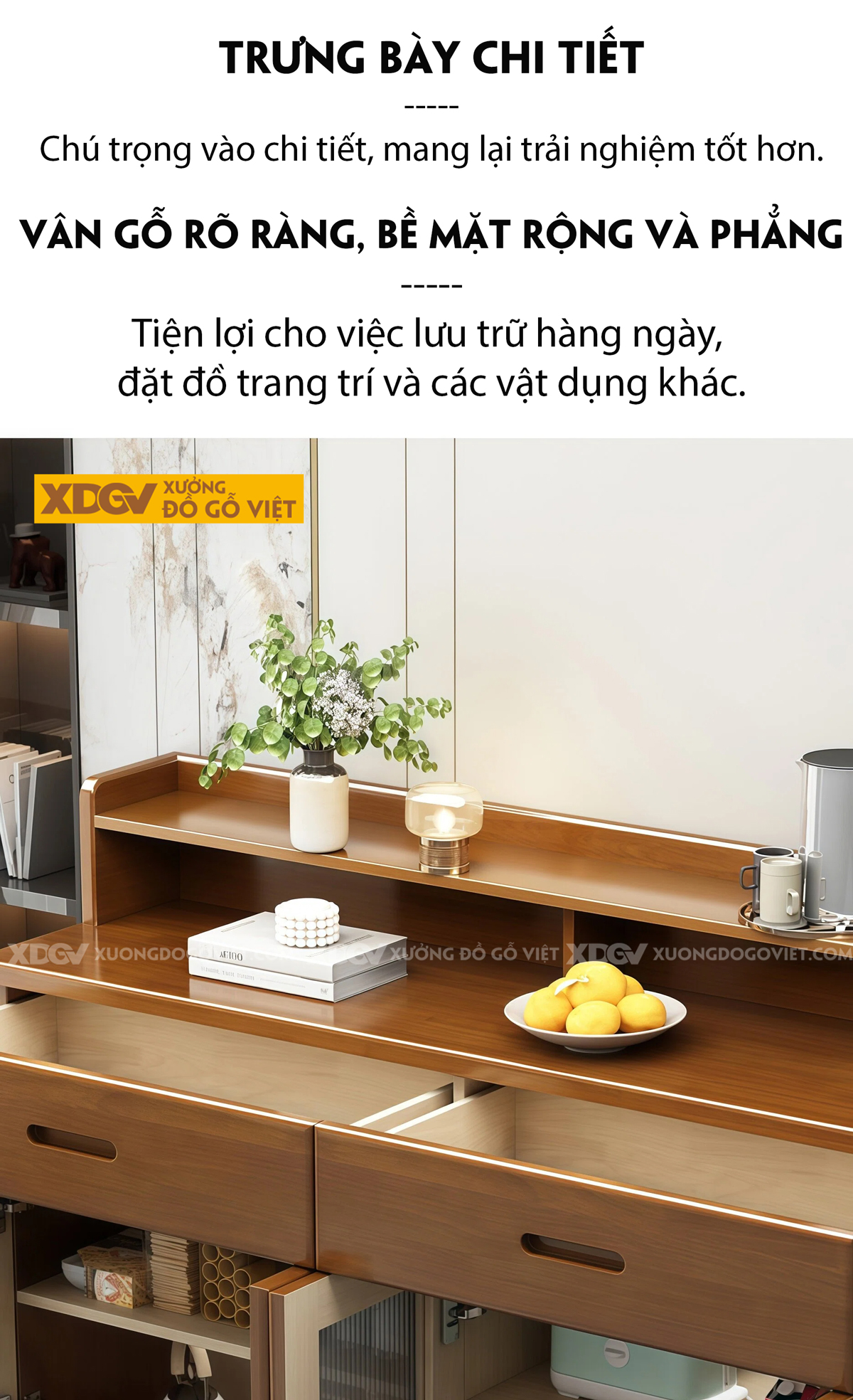 Tủ Chén Bát Gỗ Veneer Sồi Ngăn Kéo 4 Cánh Chân Bệt Nhỏ Gọn