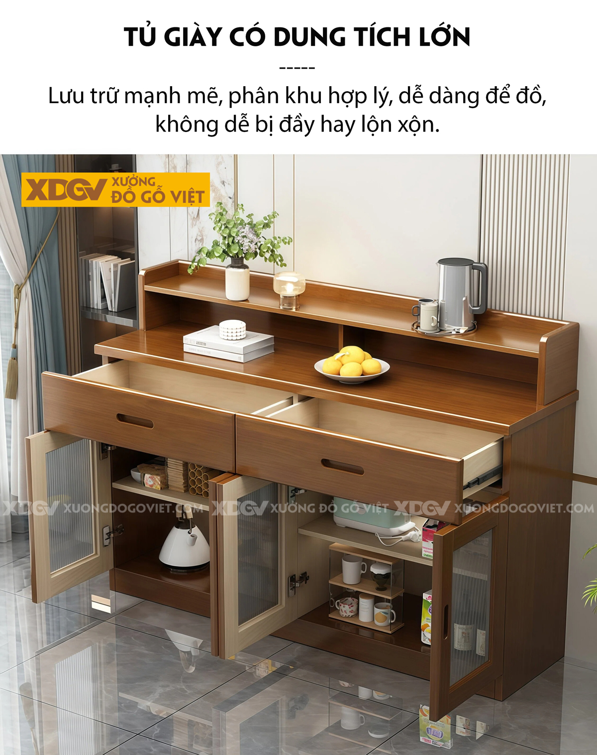 Tủ Chén Bát Gỗ Veneer Sồi Ngăn Kéo 4 Cánh Chân Bệt Nhỏ Gọn