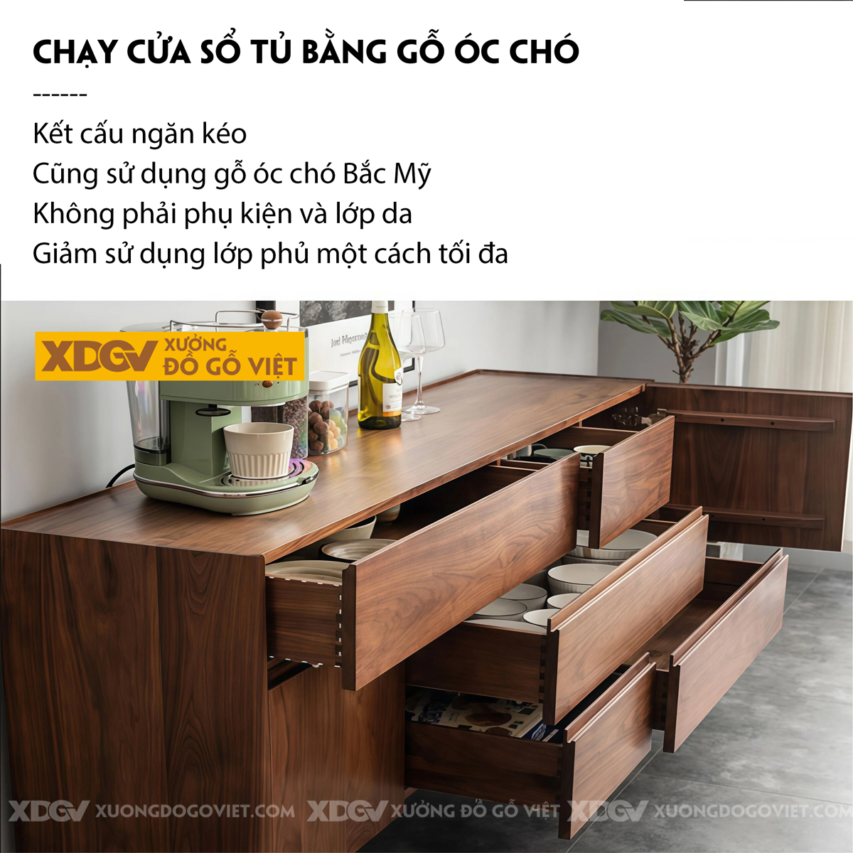 Tủ Để Chén Bát Gỗ Óc Chó Phòng Bếp Với Cánh Lùa Kèm Kính Sọc