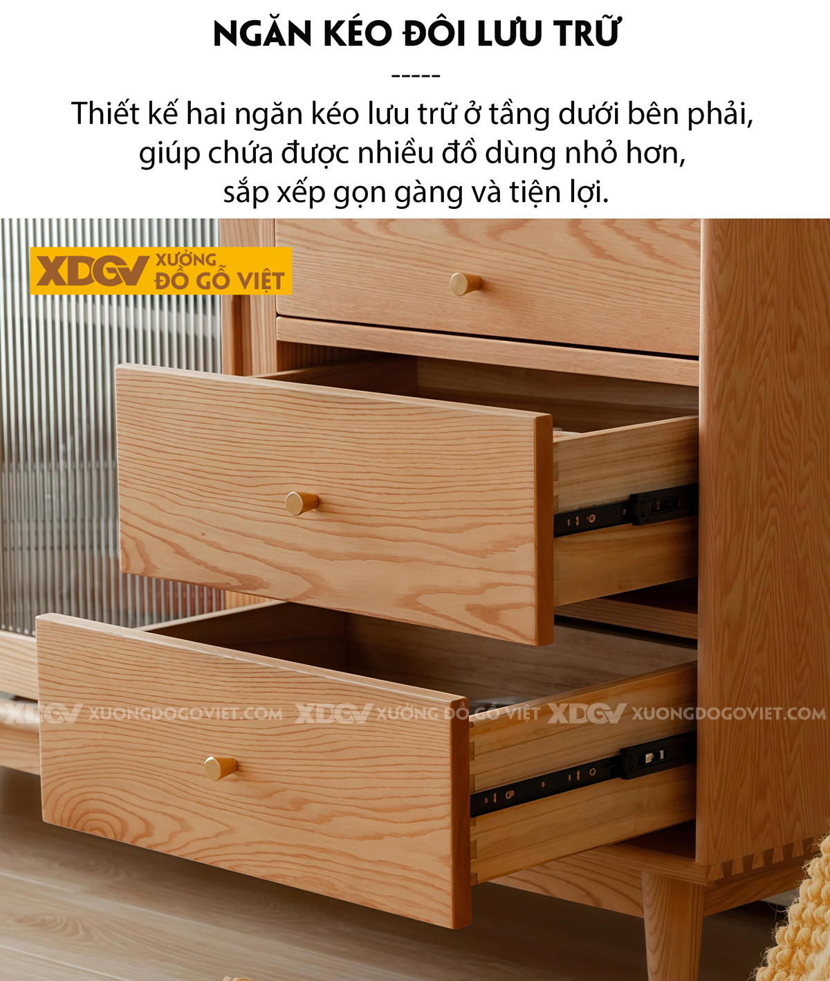 Tủ Để Chén Bát Phòng Bếp Cánh Lùa Phối Kính Sọc Kèm Ngăn Kéo