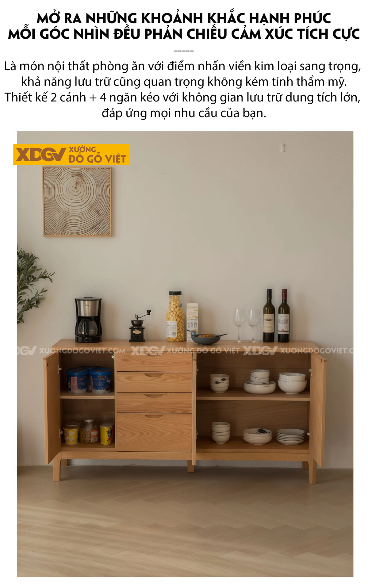 Tủ Để Chén Bát Phòng Bếp Cánh Lùa Phối Kính Sọc Kèm Ngăn Kéo