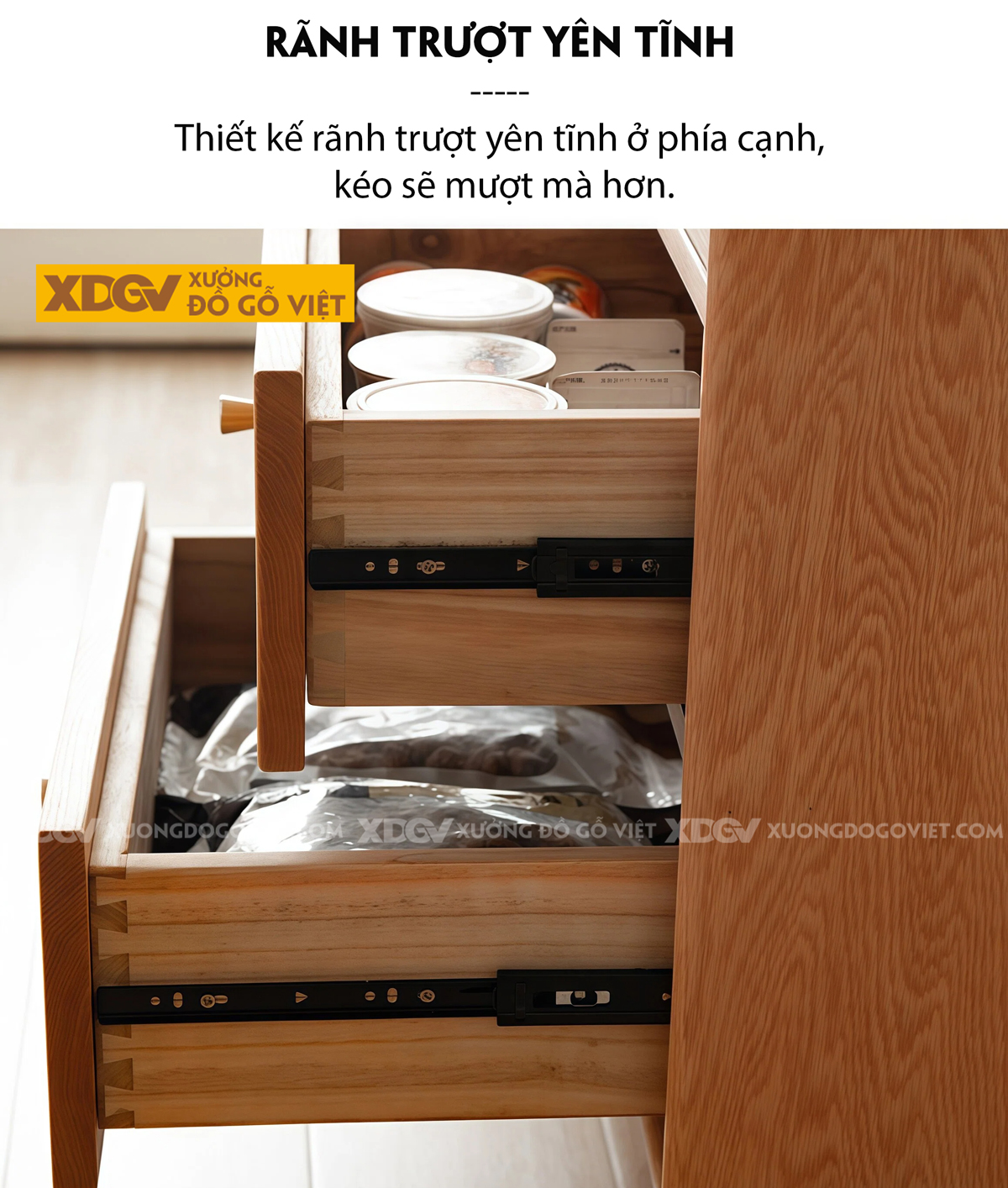 Tủ Để Chén Bát Phòng Bếp Cánh Lùa Phối Kính Sọc Kèm Ngăn Kéo