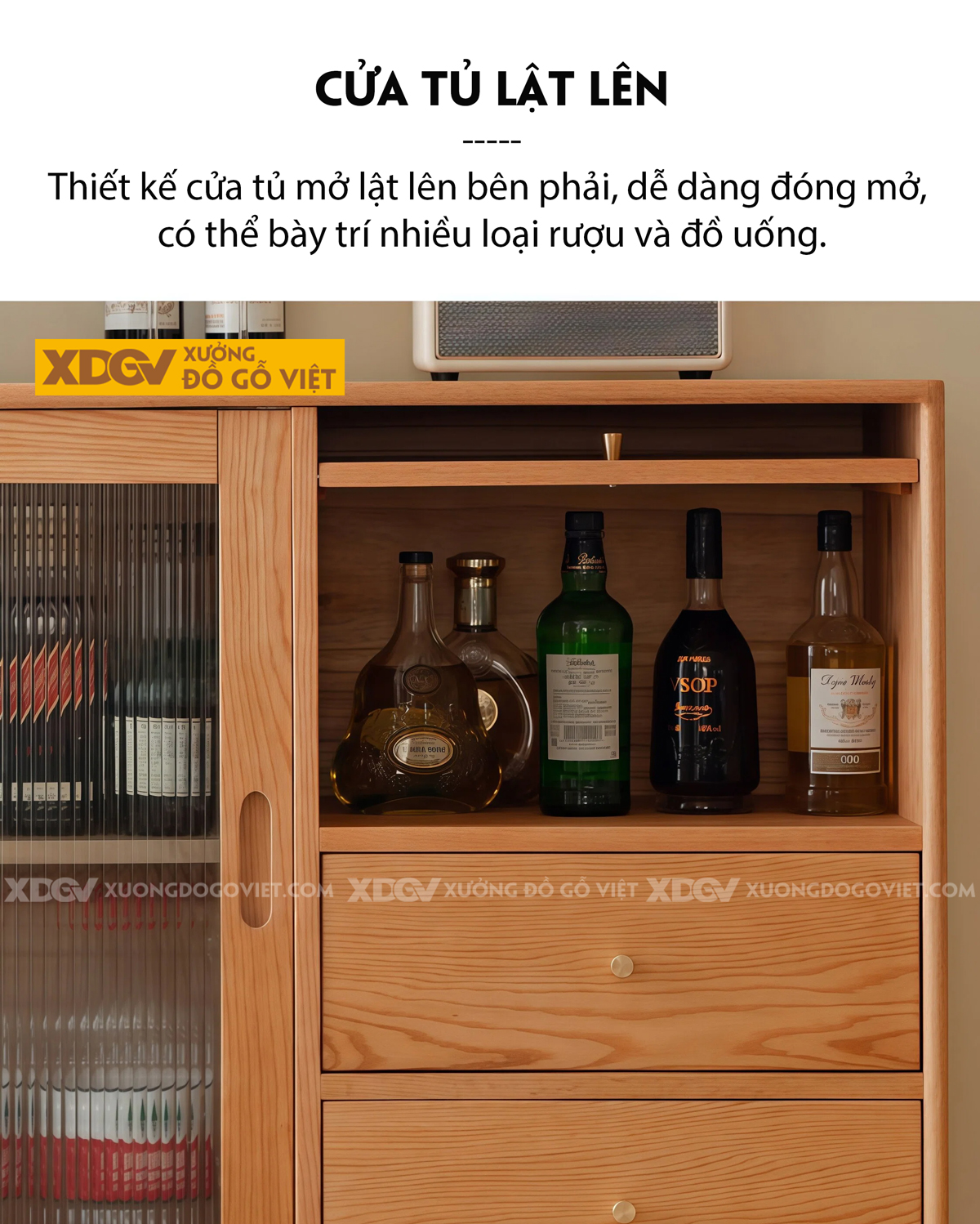 Tủ Để Chén Bát Phòng Bếp Cánh Lùa Phối Kính Sọc Kèm Ngăn Kéo