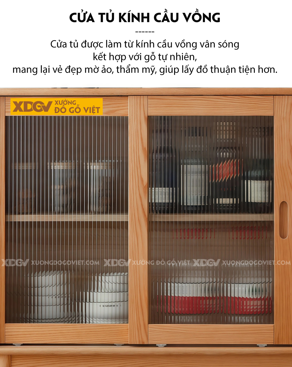 Tủ Để Chén Bát Phòng Bếp Cánh Lùa Phối Kính Sọc Kèm Ngăn Kéo