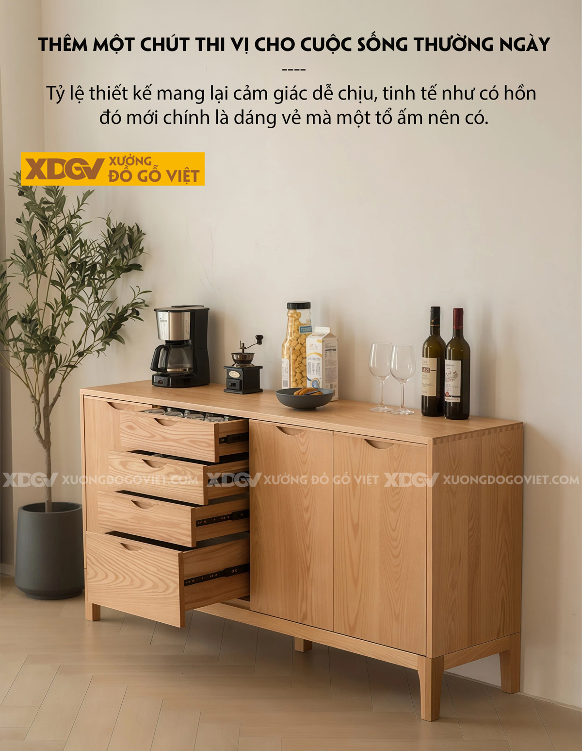 Tủ Để Chén Bát Phòng Bếp Cánh Lùa Phối Kính Sọc Kèm Ngăn Kéo