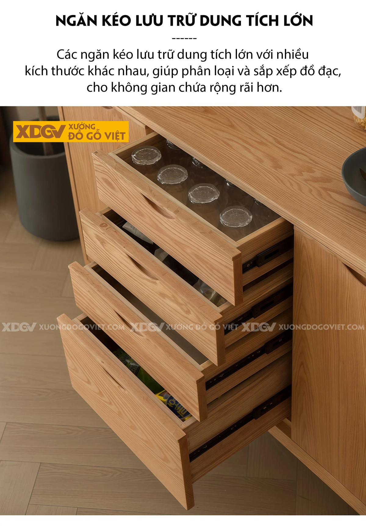 Tủ Để Chén Bát Phòng Bếp Cánh Lùa Phối Kính Sọc Kèm Ngăn Kéo