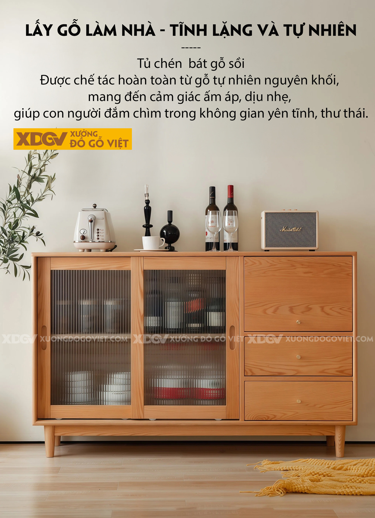 Tủ Để Chén Bát Phòng Bếp Cánh Lùa Phối Kính Sọc Kèm Ngăn Kéo